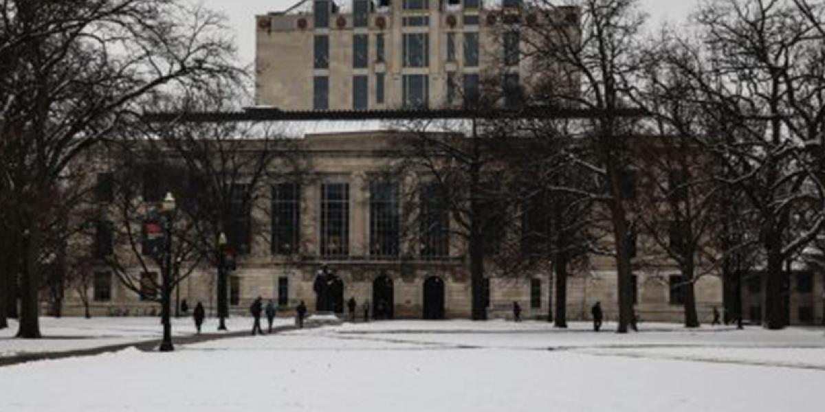 snow-covered Thompson Library